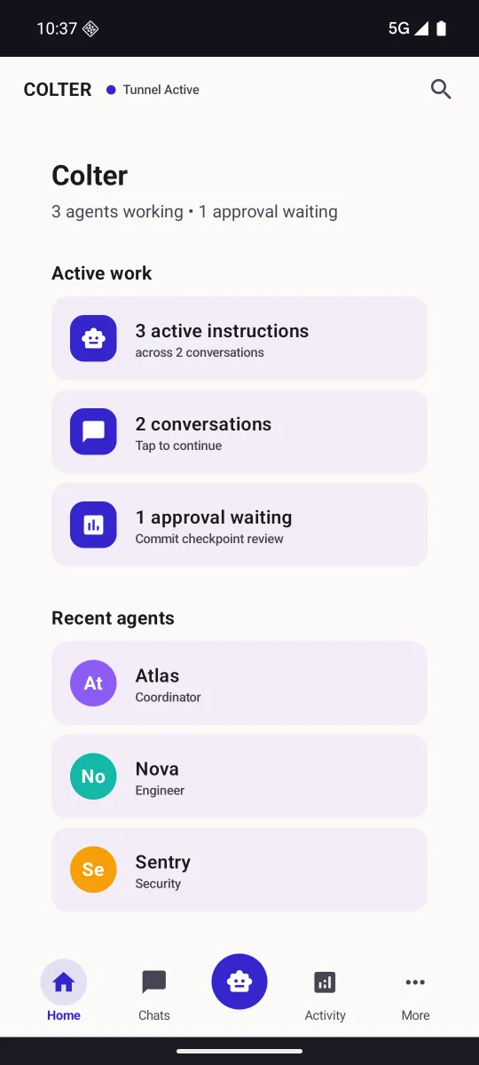 Real Android COLTER mobile Home screen in light mode with injected LAN-active state, not a live connection