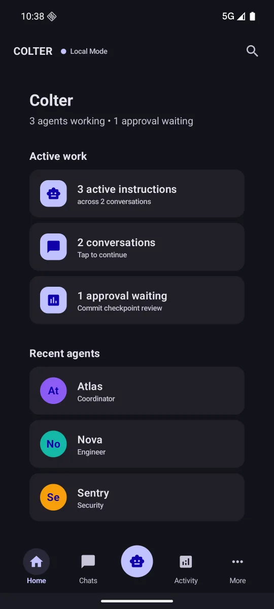 Real Android COLTER mobile Home screen in dark mode with injected offline state