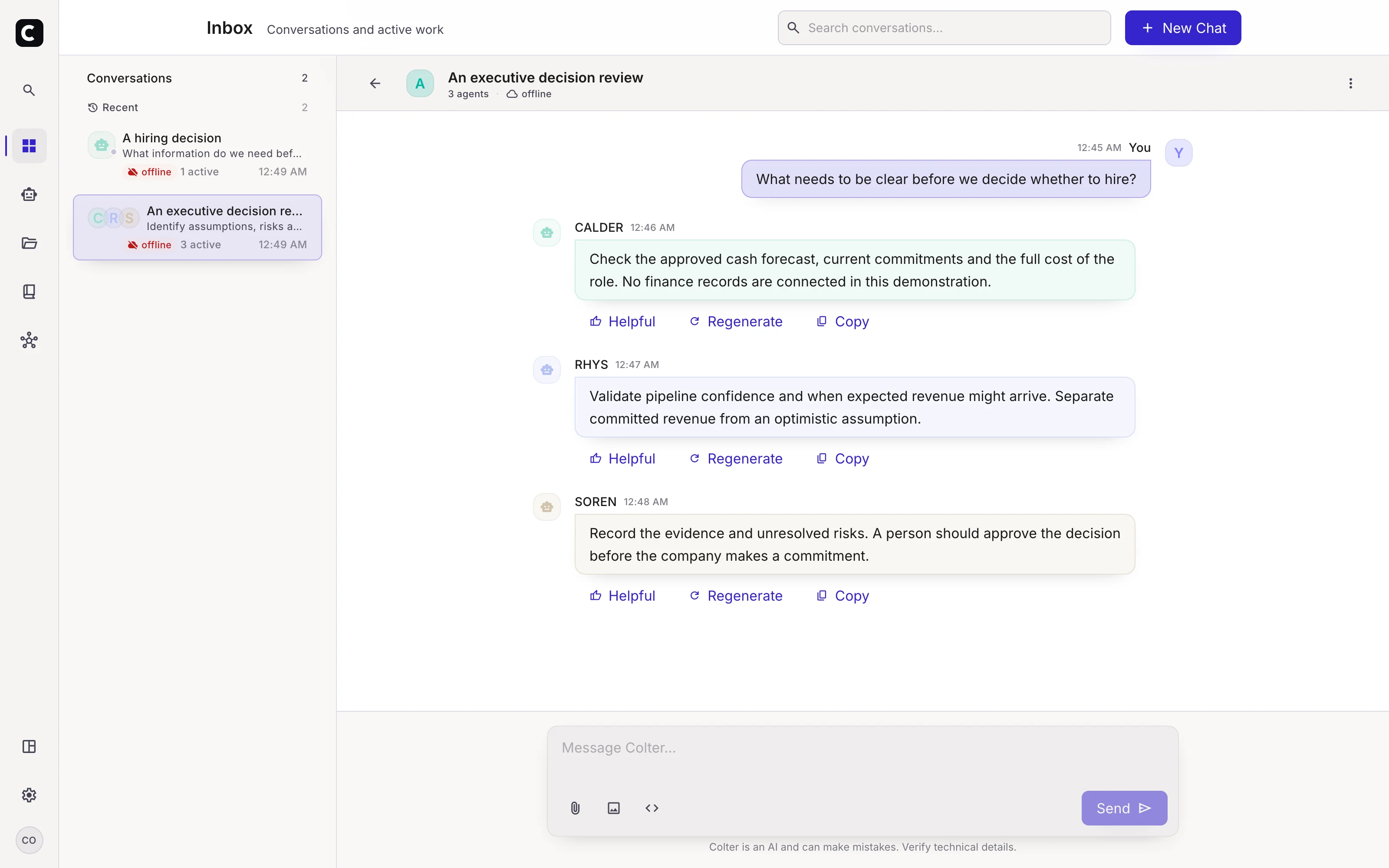 Actual COLTER app interface with CALDER, RHYS and SOREN in a demonstration executive conversation