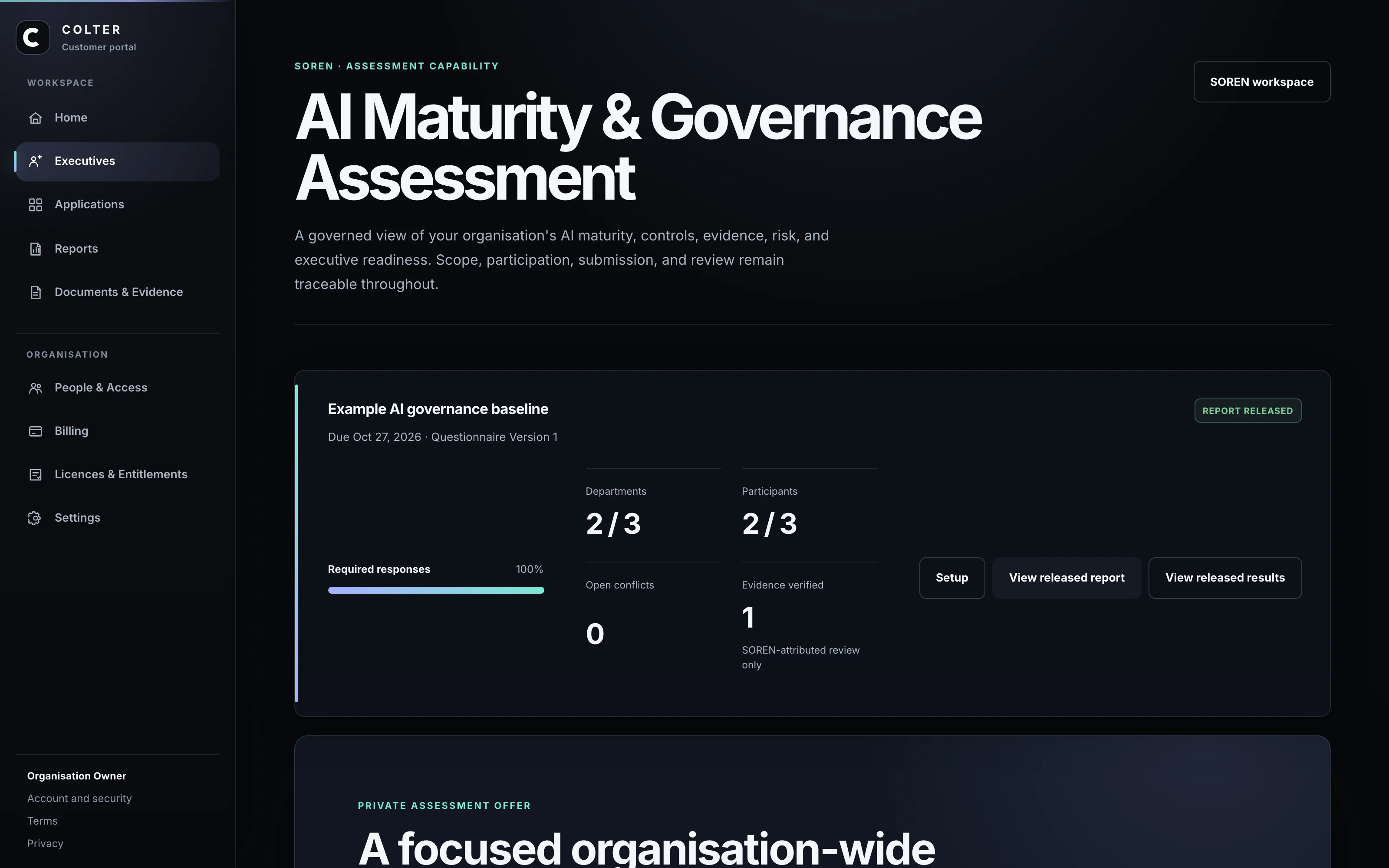 The SOREN assessment and capabilities in COLTER's customer portal, shown with controlled demonstration data
